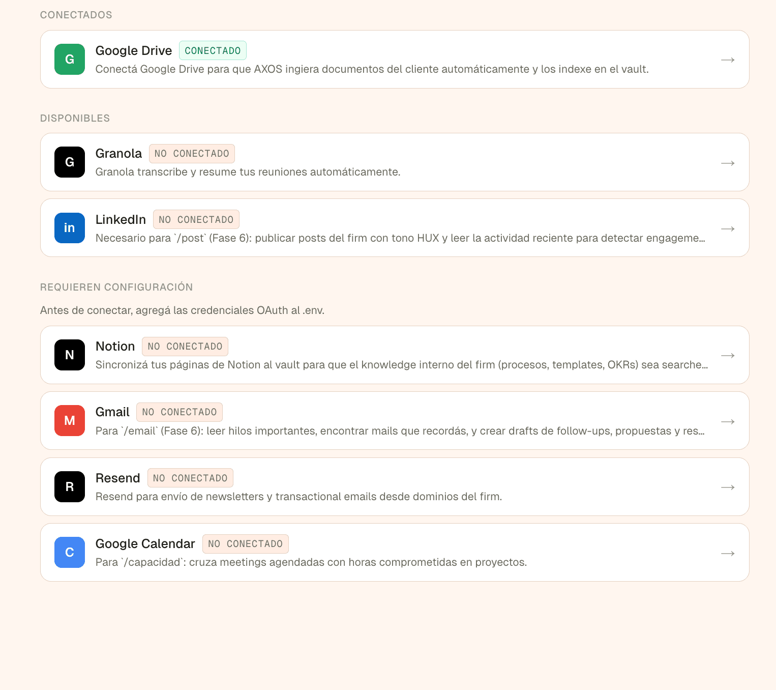 Panel de conectores: Drive conectado, Granola y LinkedIn disponibles, otros opt-in